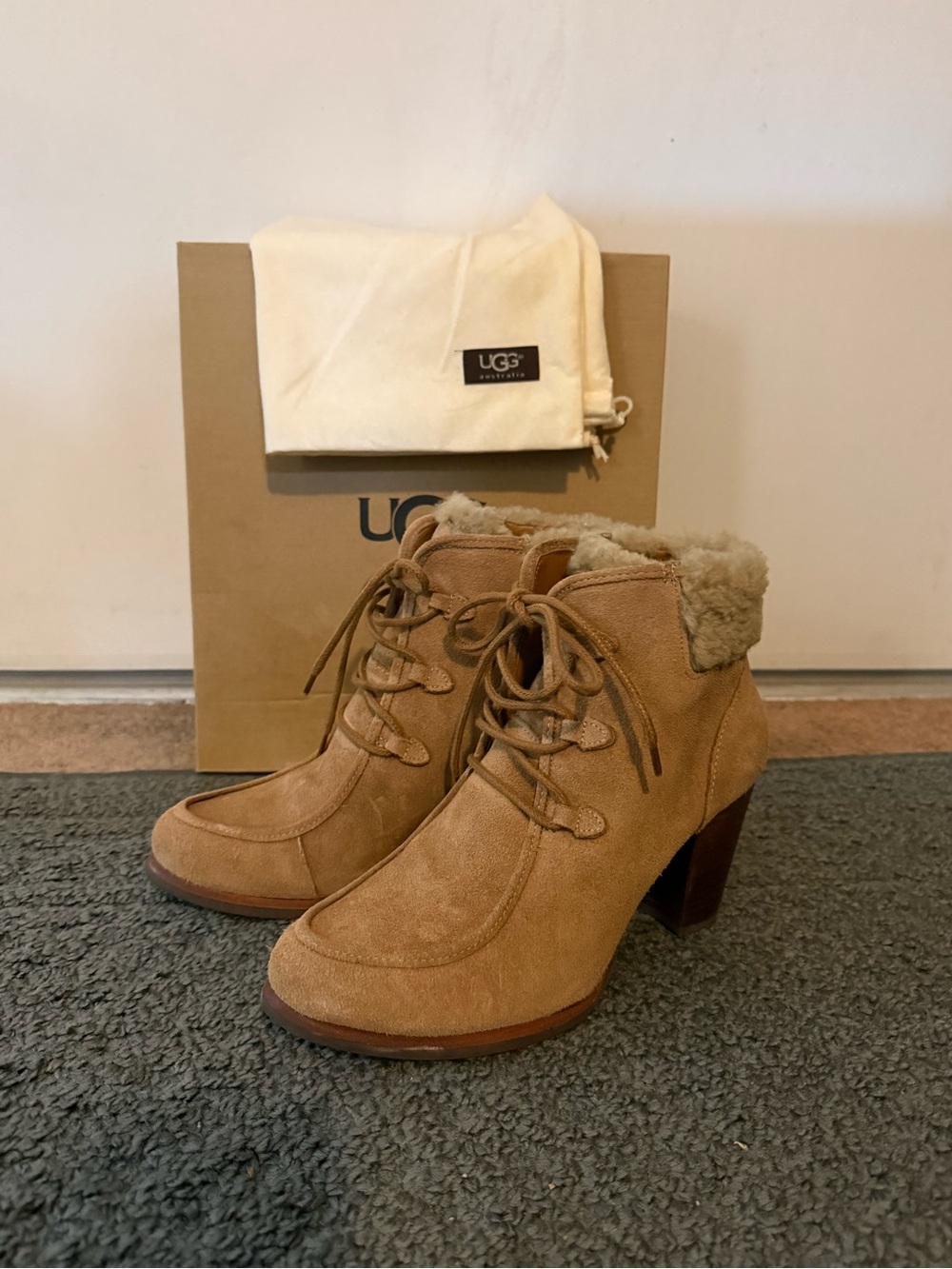 UGG Chestnut Suede Heeled Lace-Up Ankle Boots with Shearling Collar